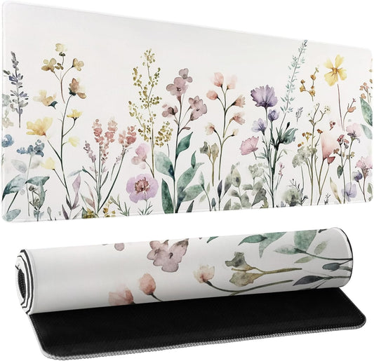 Floral Desk Mat Beige Boho Desk Pad Large Extended Gaming Mouse Pad XL Cute Minimalist Flowers Keyboard Mat 31.5X11.8 Inch Boho Esthetics Mousepad Big Keyboard Mouse Mat for Home Office Work Game
